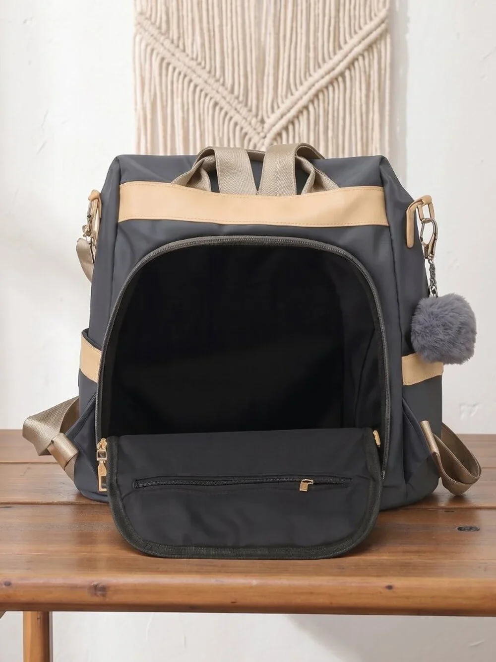 Convertible Nylon Backpack Purse Anti Theft Charcoal Gray Beige Pom Pom Travel